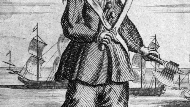 1724 engraving of Anne Bonny by Benjamin Cole, showing her standing armed with a cutlass and pistol, ships anchored in the background