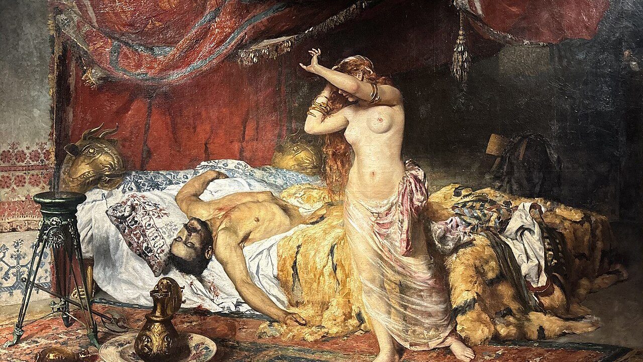 1884 oil painting by Ferenc Paczka showing mourners gathered around Attila's body, with his grieving bride Ildico seated beside him