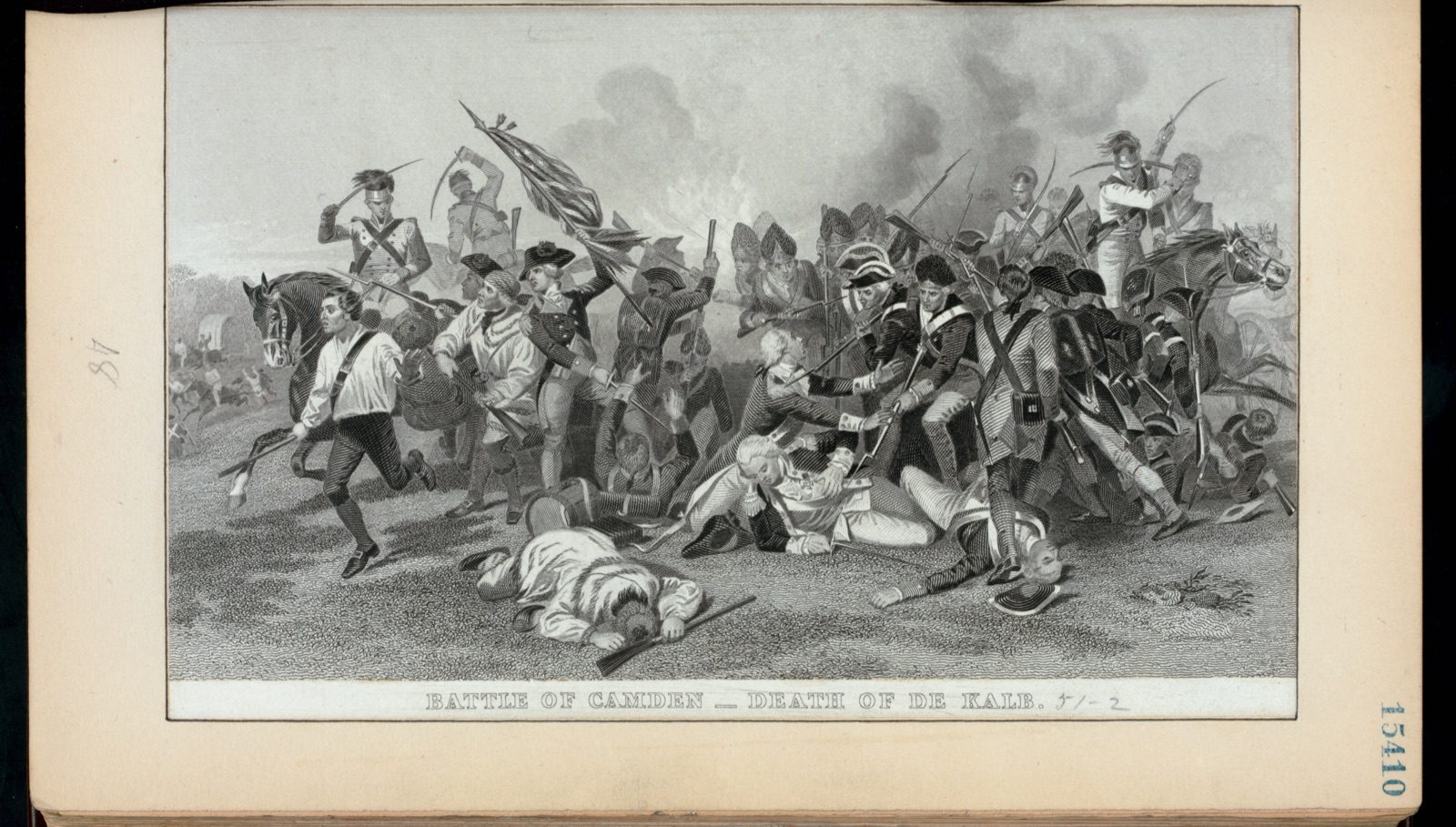 19th-century engraving after Alonzo Chappel's painting depicting the mortal wounding of Baron de Kalb at the Battle of Camden, August 16, 1780