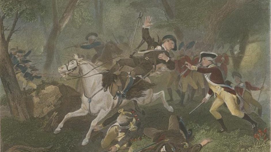 Alonzo Chappel's 19th-century engraving depicting the death of Maj. Patrick Ferguson at the Battle of Kings Mountain, October 7, 1780