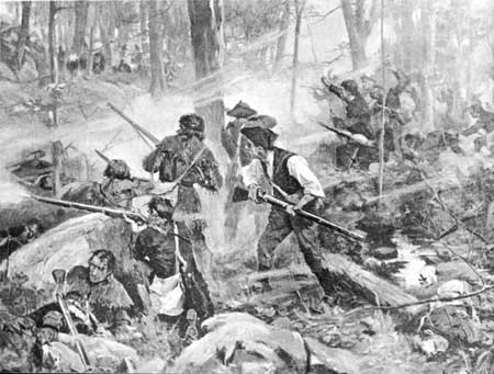F.C. Yohn's early-20th-century painting of Patriot militia charging up the wooded slope of Kings Mountain during the October 7, 1780 battle