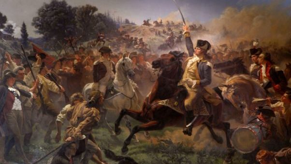 Emanuel Leutze's 1854 painting of George Washington on horseback rallying retreating Continental troops during the Monmouth fighting