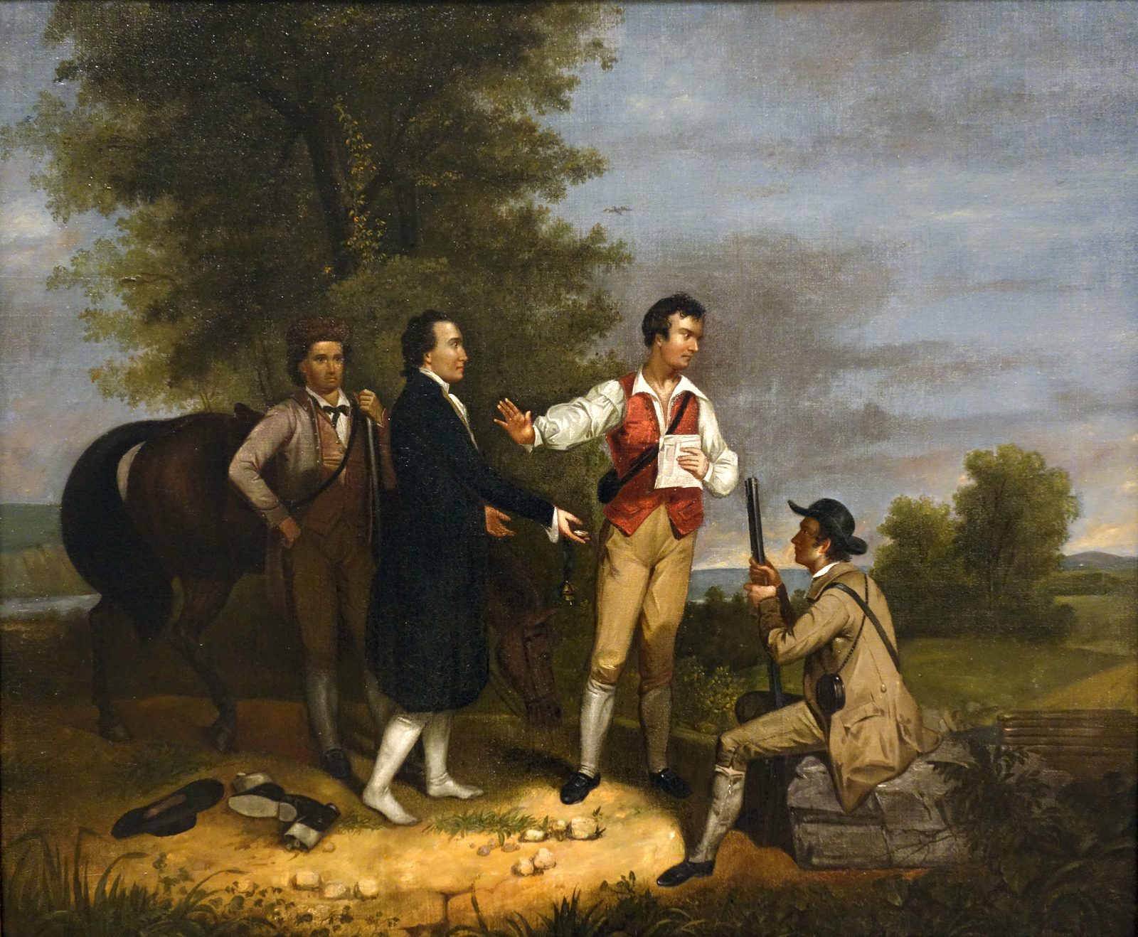 Asher Brown Durand's 1833 painting of militiamen John Paulding, David Williams, and Isaac Van Wart stopping Major John André near Tarrytown, New York, and searching his boots