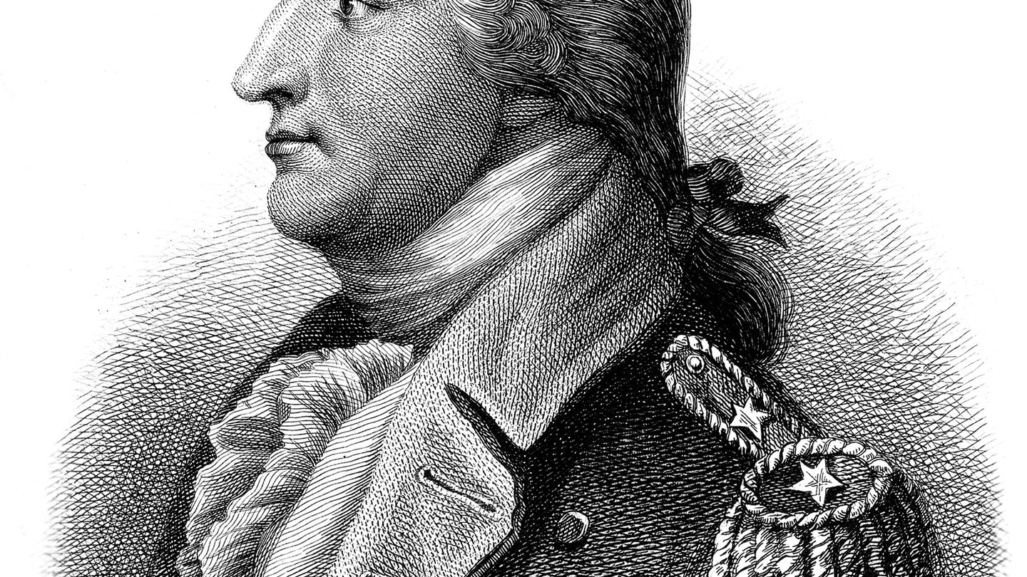 Engraving of Benedict Arnold in military uniform, based on a portrait by John Trumbull
