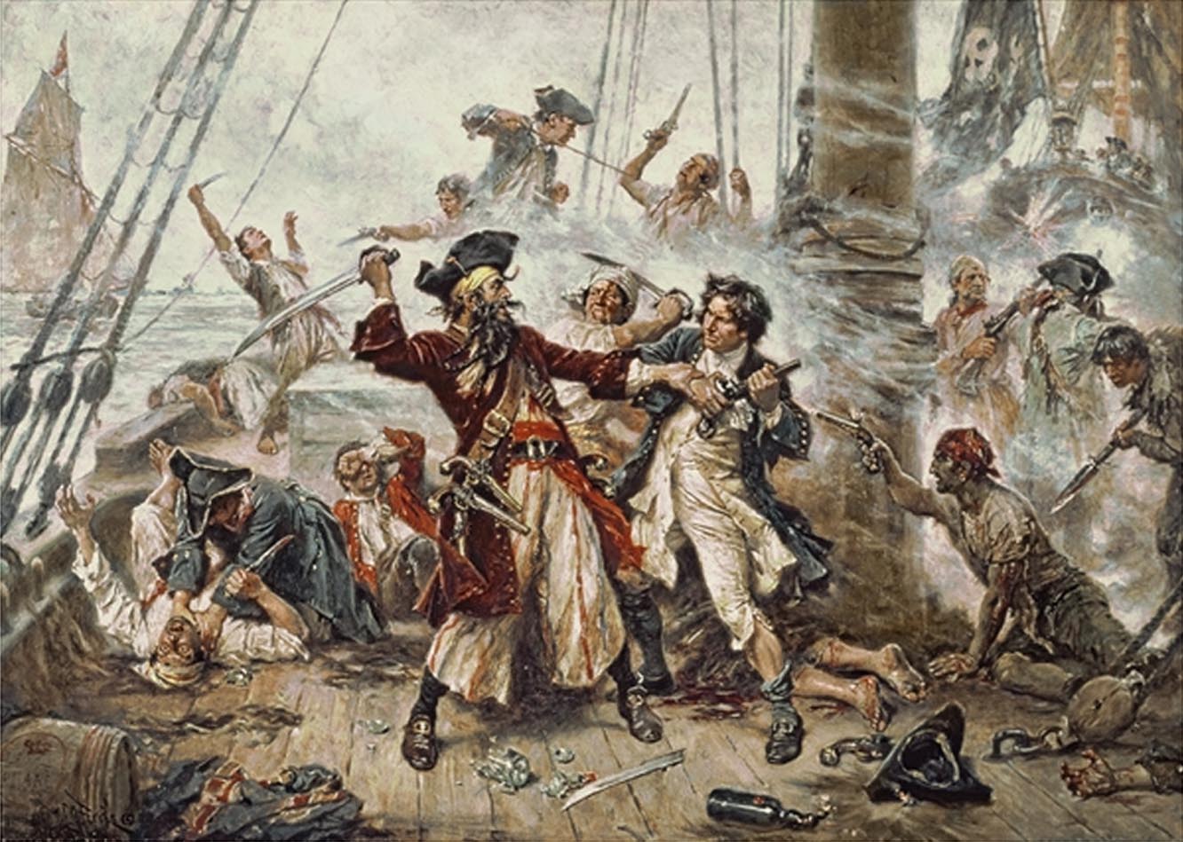 Early 20th-century oil painting by Jean Leon Gerome Ferris imagining the November 1718 boarding battle between Blackbeard's crew and Lieutenant Robert Maynard's sloops at Ocracoke Inlet