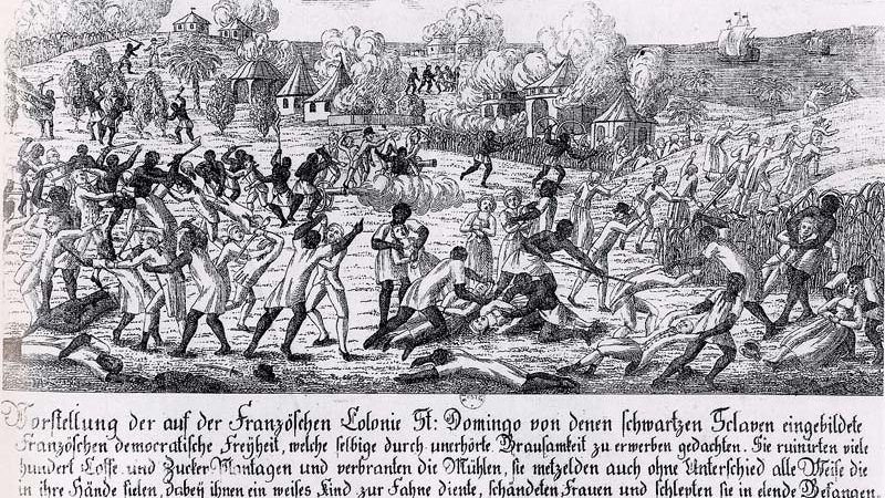 A German copper engraving from 1791 depicting fires set across the plantations of northern Saint-Domingue during the uprising that followed the Bois Caïman gatherings