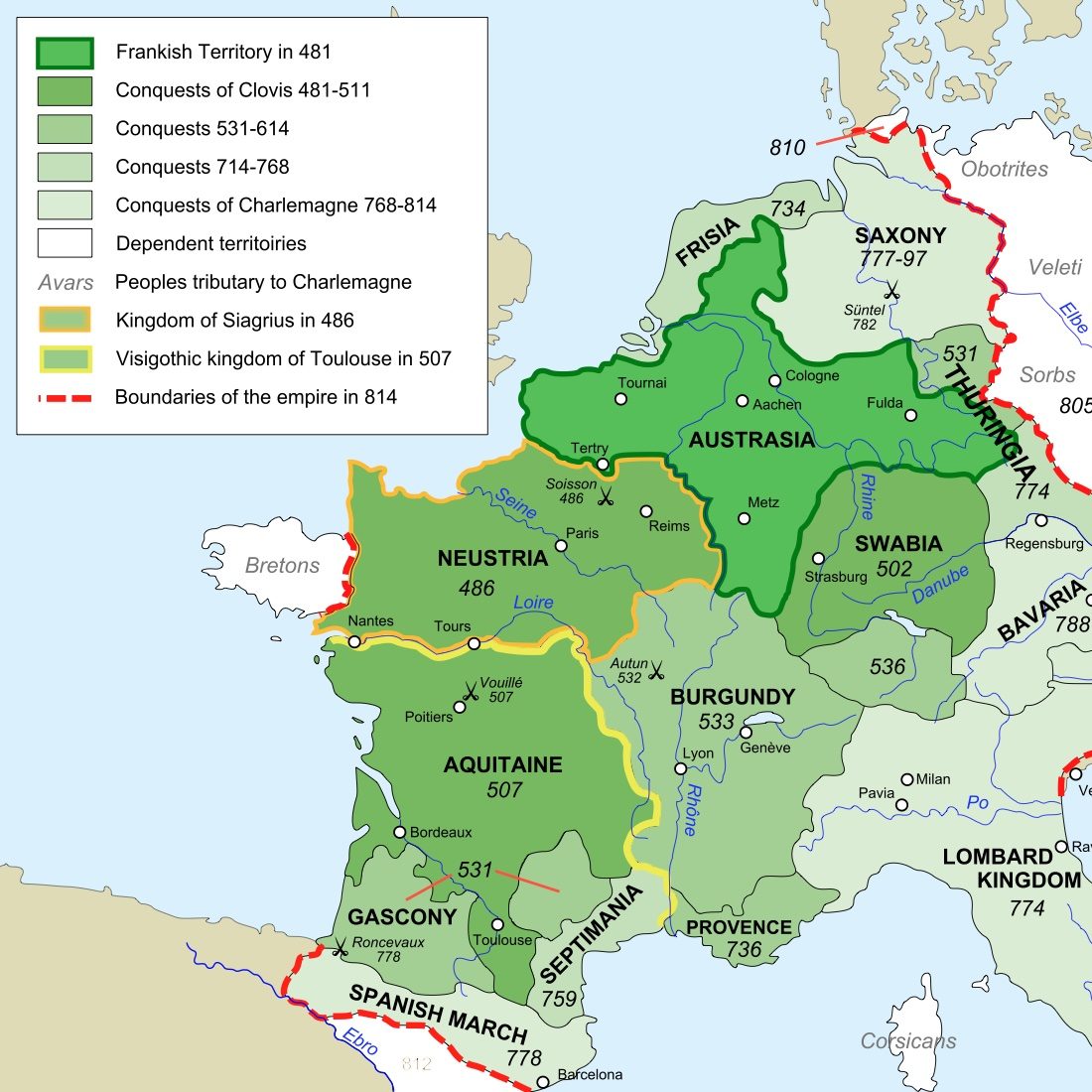 A map of the Frankish Empire in 814, showing Charlemagne's original 768 territory, later conquests including Saxony, and the Süntel ambush site marked at 782