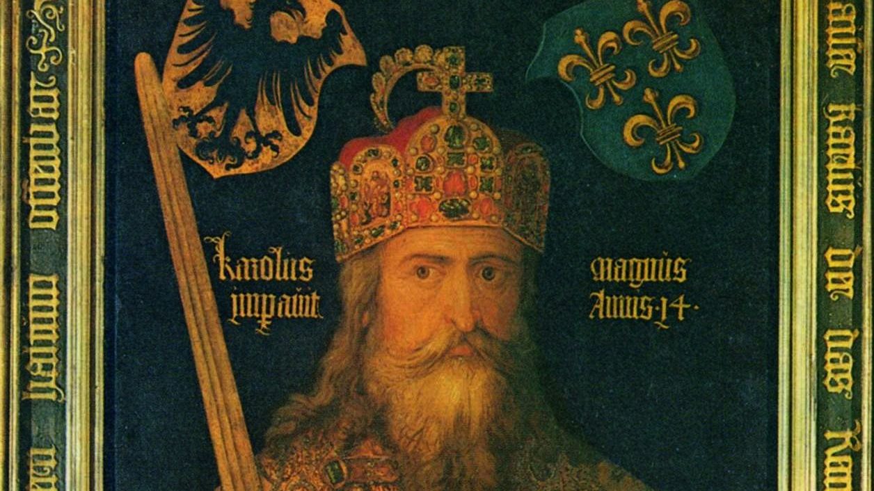 Albrecht Dürer's 1512 posthumous portrait of Charlemagne, showing him enthroned in imperial regalia with crown, orb, and sword