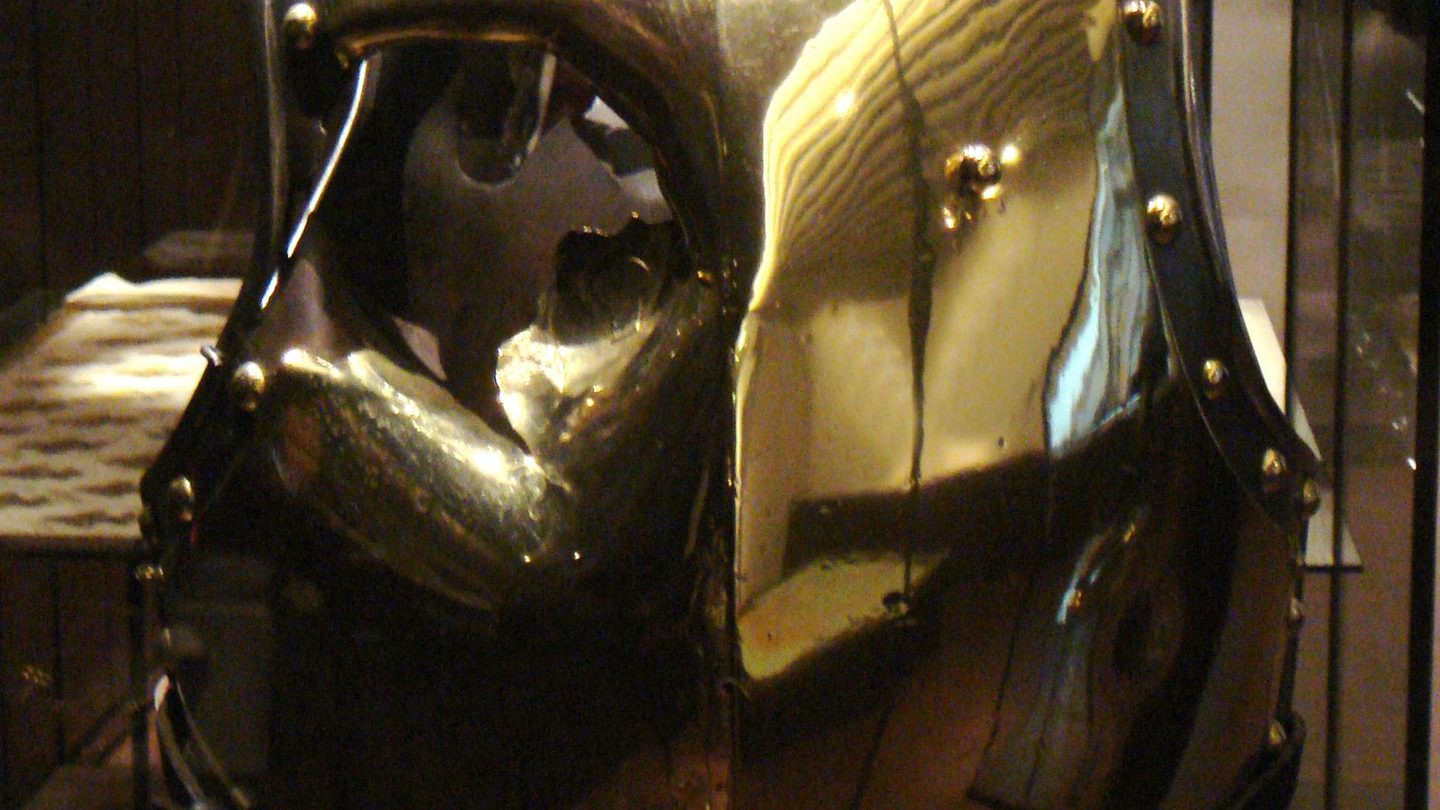 The cuirass of French carabinier François-Antoine Fauveau, killed at Waterloo on June 18, 1815, showing a cannonball hole punched through the breastplate