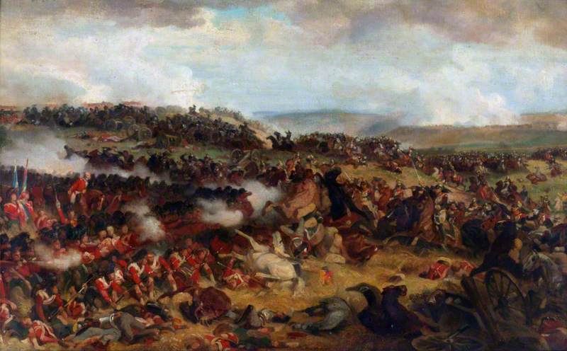 19th-century oil painting by Henri Félix Emmanuel Philippoteaux depicting British infantry squares holding against a charge by French cuirassiers during the Waterloo campaign
