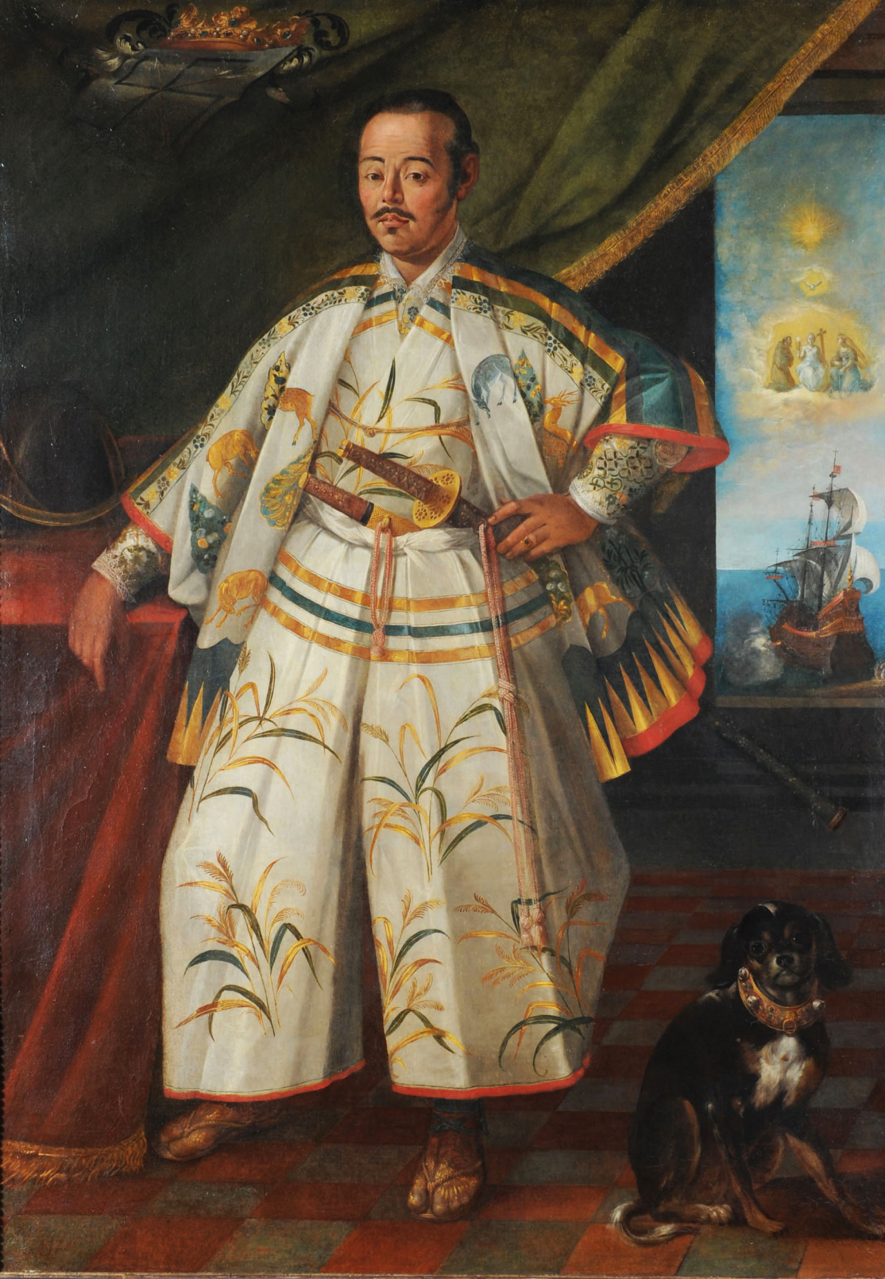 17th-century portrait of Hasekura Tsunenaga in Rome, shown in formal samurai dress with a sword, a crucifix scene and the ship San Juan Bautista visible in the background