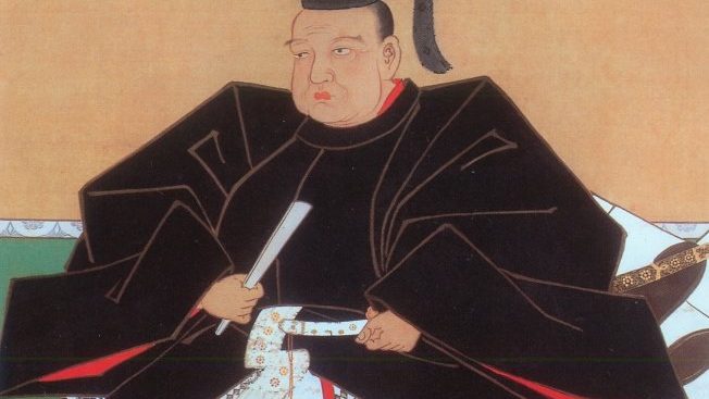 1676 portrait of Date Masamune by court painter Kanō Yasunobu, seated in black formal robes with both eyes open, held by the Sendai City Museum
