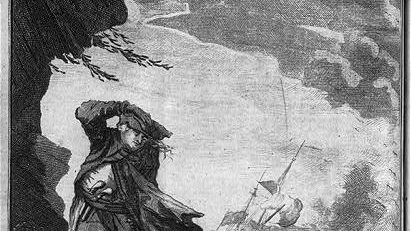 1734 engraving titled Capt. Edward Low in a hurricane which he and all the crew had like to perished, showing his ship in a storm