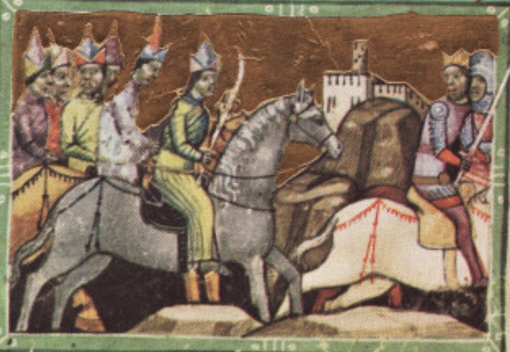 A 14th-century illuminated manuscript depiction of Mongol horsemen confronting Hungarian forces, from the Chronicon Pictum's account of the 1241 Mongol invasion of Hungary