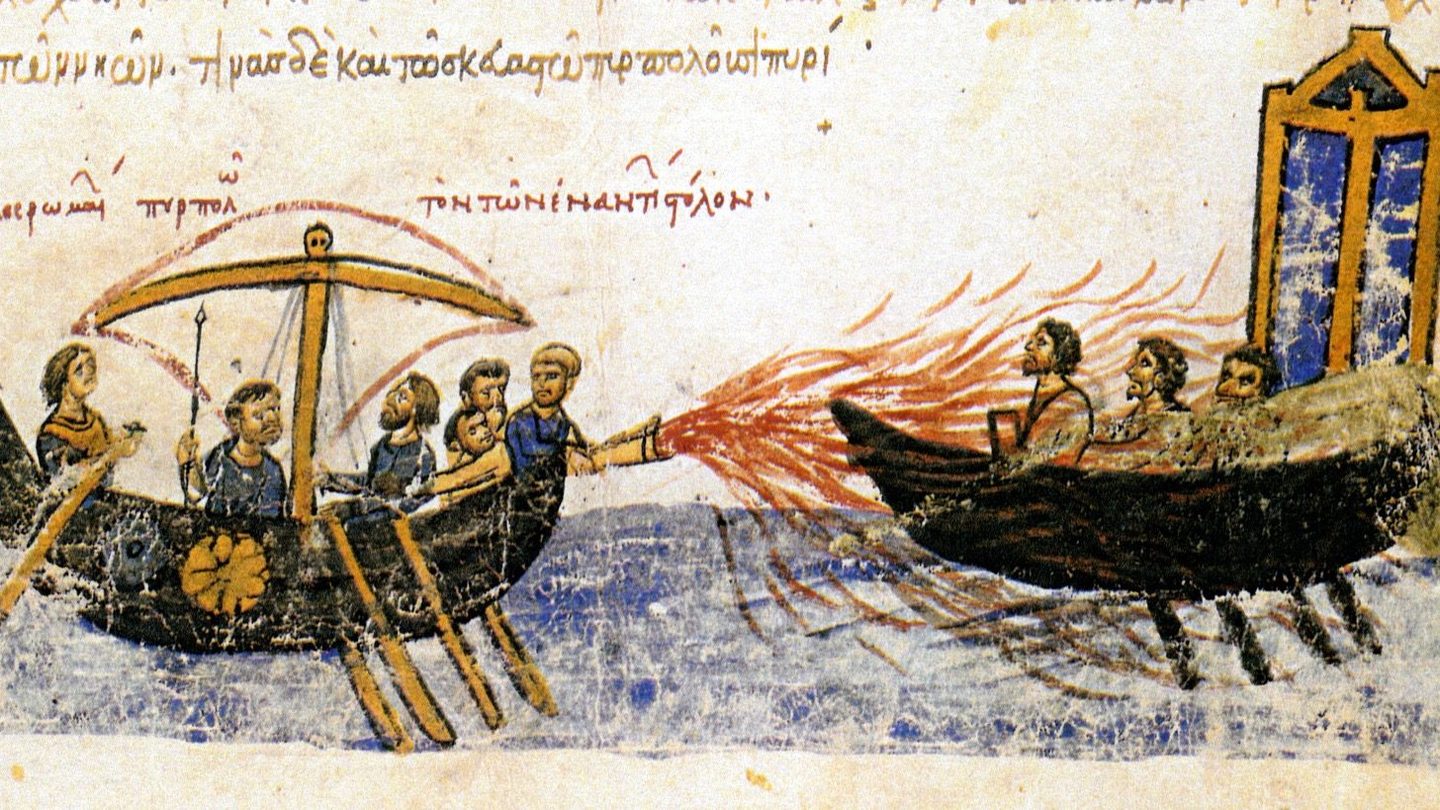 Illumination from the 12th-century Madrid Skylitzes manuscript showing a Byzantine ship's crew spraying Greek fire from a bow-mounted siphon onto the ship of rebel Thomas the Slav