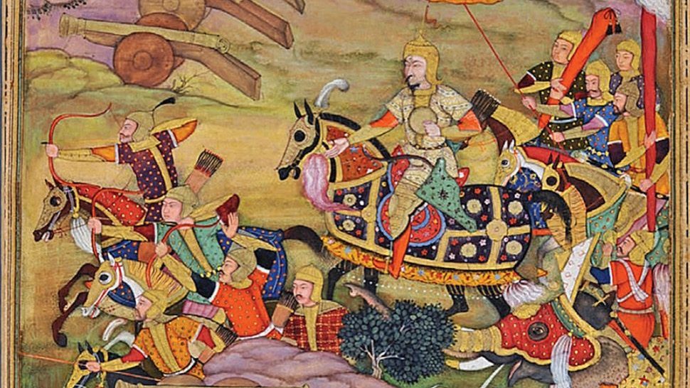 A late-16th-century Baburnama miniature painting depicting the First Battle of Panipat in 1526, with Mughal cannon and matchlock troops arrayed behind a line of tied wagons against Ibrahim Lodi's forces and war elephants