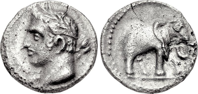 A silver quarter shekel struck in Carthaginian Spain around 237-209 BCE, with a laureate male head on the obverse and a war elephant on the reverse