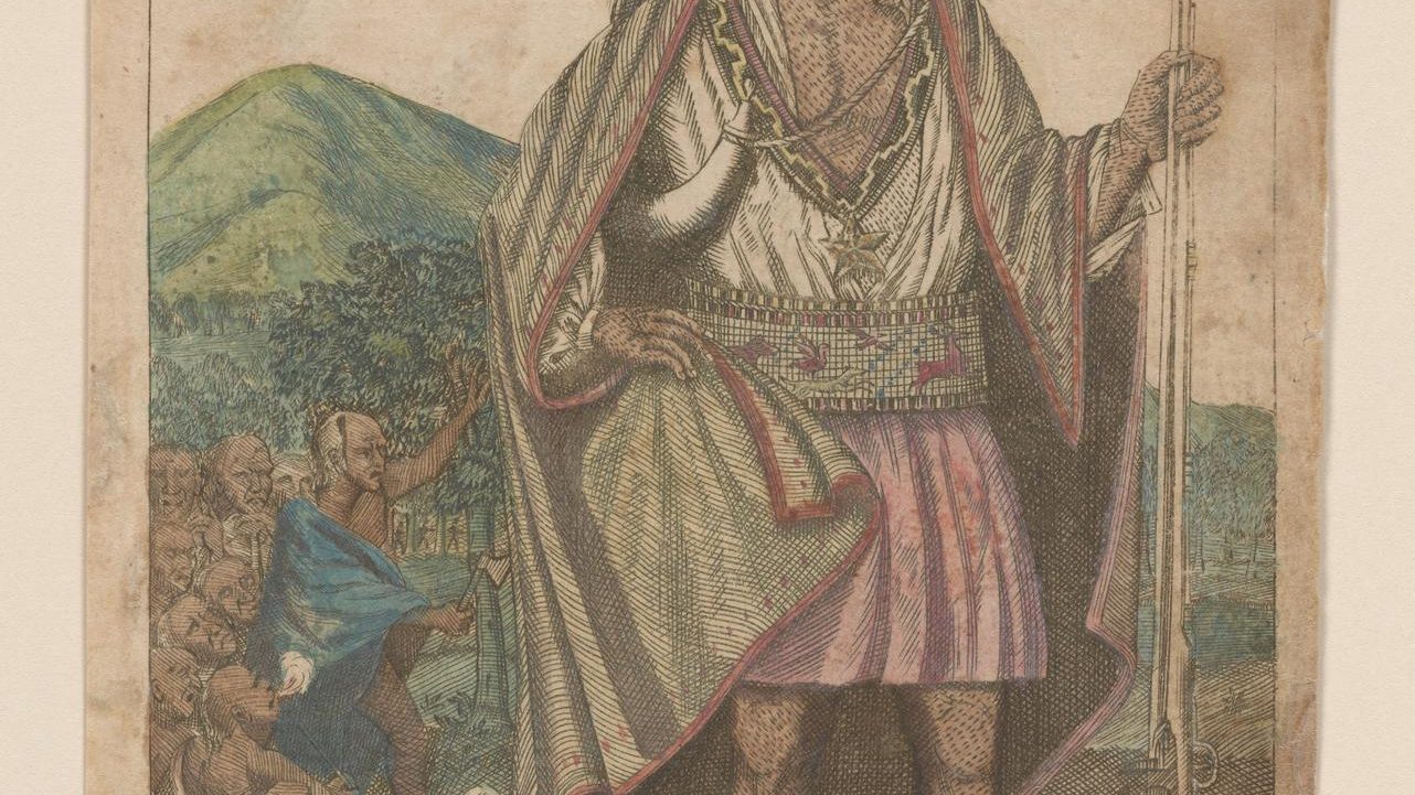 1772 hand-colored line engraving by Paul Revere titled 'Philip, King of Mount Hope,' depicting Metacom in feathered regalia standing before a group of warriors