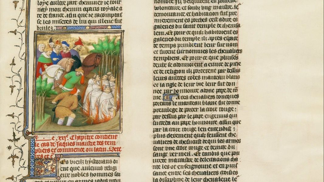 A 15th-century manuscript illumination by the Boucicaut Master depicting the burning of the Knights Templar in the presence of King Philip the Fair and his courtiers