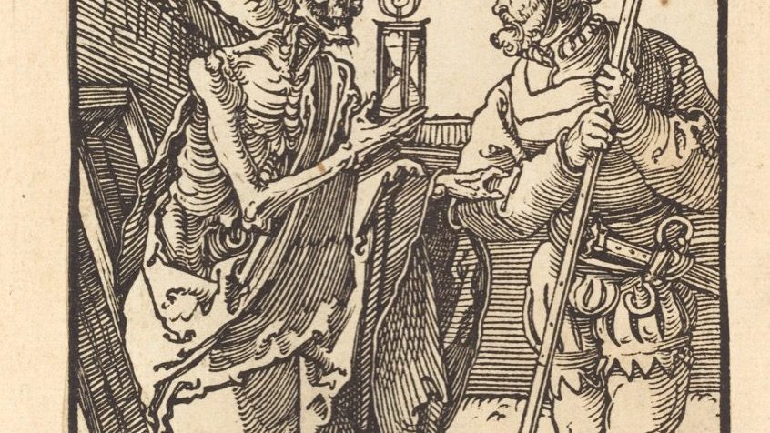Albrecht Dürer's 1510 woodcut "Death and the Lansquenet," showing a Landsknecht pikeman confronted by a skeletal figure of Death