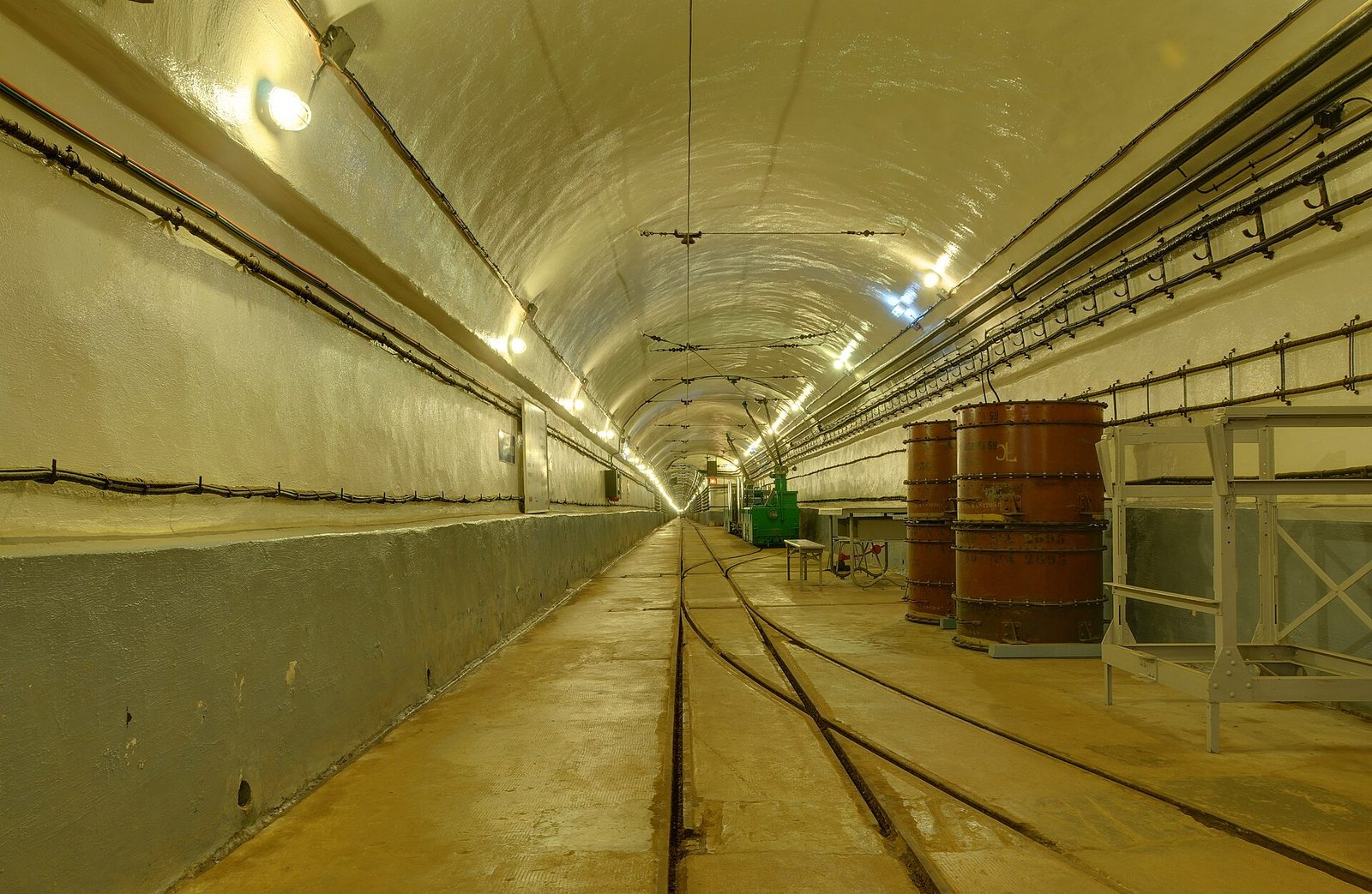 An underground gallery inside Ouvrage Schoenenbourg, a Maginot Line fort in Alsace, running roughly 30 metres below the surface