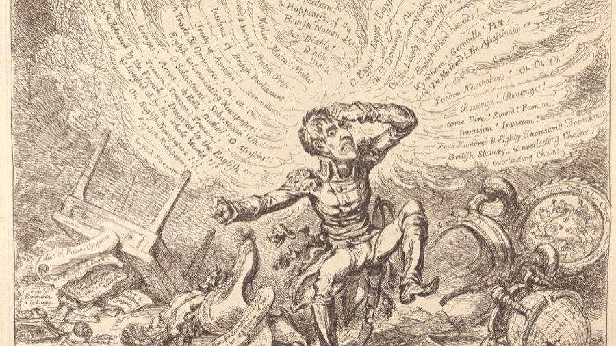 James Gillray's 1803 hand-colored etching "Maniac-Ravings, or Little Boney in a Strong Fit," depicting a diminutive Napoleon Bonaparte stamping in fury after a diplomatic outburst