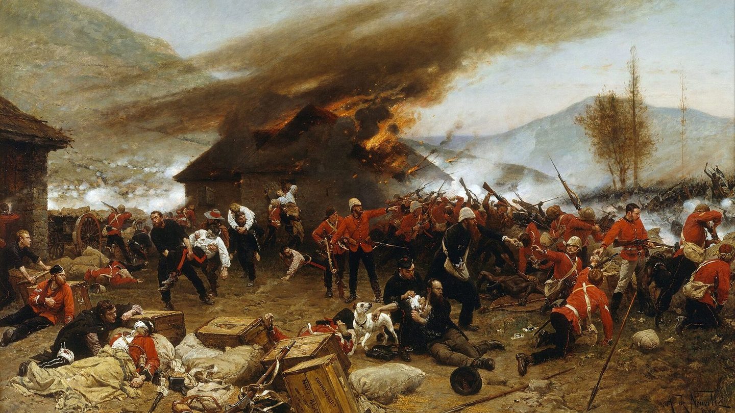 Alphonse de Neuville's 1880 painting The Defence of Rorke's Drift, showing British soldiers firing over a barricade of mealie bags and biscuit boxes at night
