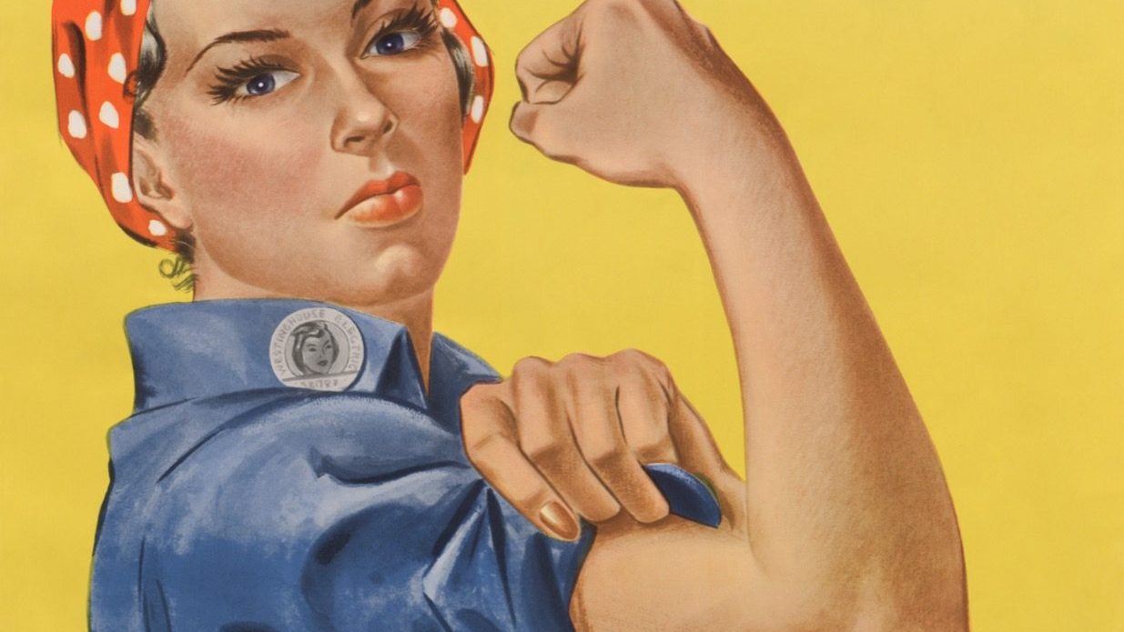 Restored 1943 "We Can Do It!" poster by J. Howard Miller, showing a woman in a red bandana flexing her arm