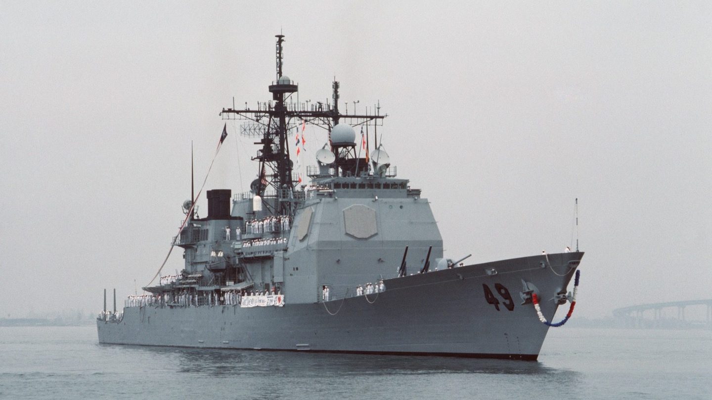 The guided-missile cruiser USS Vincennes returning to San Diego in October 1988, three months after its Aegis radar system misidentified a civilian Iranian airliner as an attacking fighter