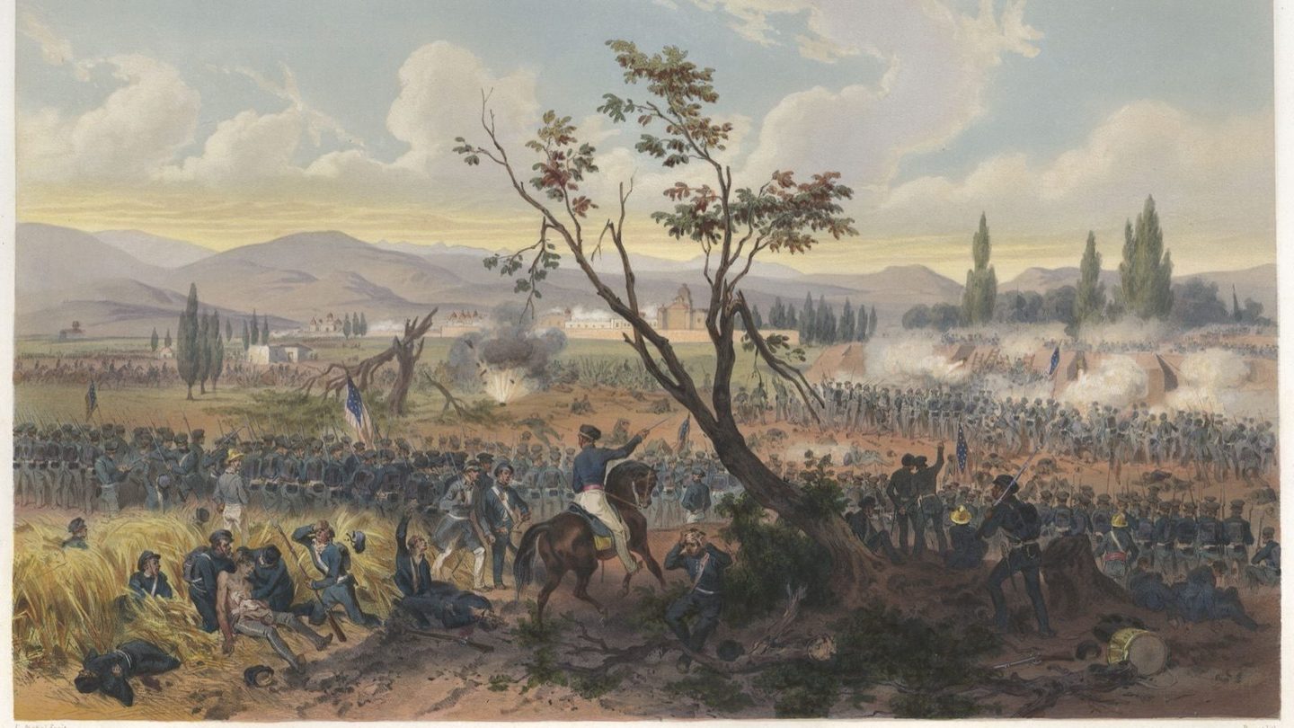 An 1851 hand-colored lithograph of the Battle of Churubusco, August 20, 1847, the battle at which most of the Saint Patrick's Battalion was captured
