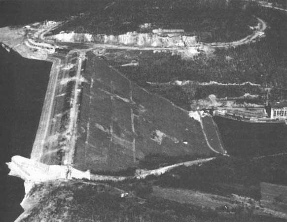 Wartime aerial reconnaissance photograph of the Schwammenauel Dam on the Roer River, the earthen dam American air and ground forces spent months trying to secure