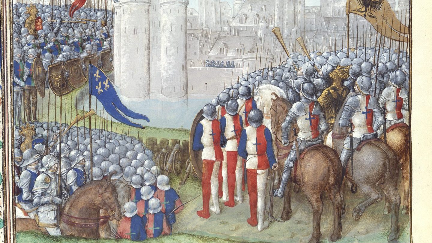 Late medieval manuscript miniature showing crusader armies besieging Damascus in 1148