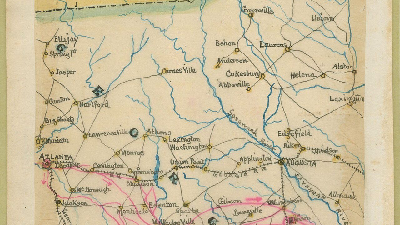 1864 map of Sherman's march from Atlanta to the sea, drawn from the official Union Army map by Brig. Gen. O.M. Poe, Chief Engineer