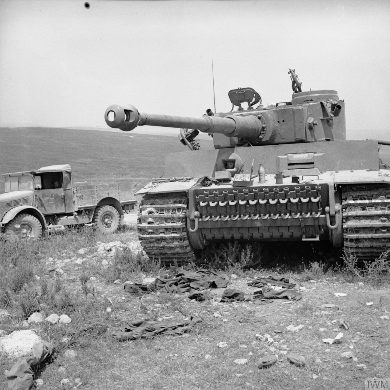 A captured German Tiger I tank photographed by British forces in Tunisia on 6 May 1943, later identified as tactical number 131