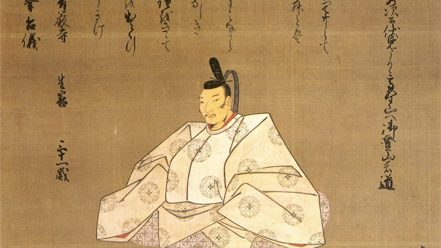 A historical memorial portrait scroll depicting Toyotomi Hidetsugu seated in formal court robes, surrounded by mourning attendants and a monk
