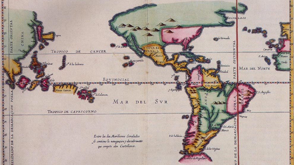 A 1622 map by Antonio de Herrera y Tordesillas showing the meridian line established under the Treaty of Tordesillas