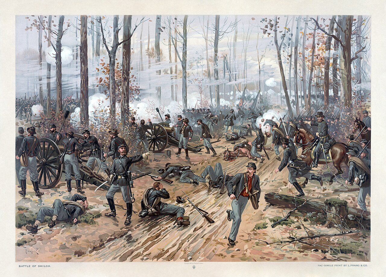 1888 chromolithograph by Thure de Thulstrup depicting the chaotic close-quarters fighting of the Battle of Shiloh, with Union infantry firing across a smoke-filled field