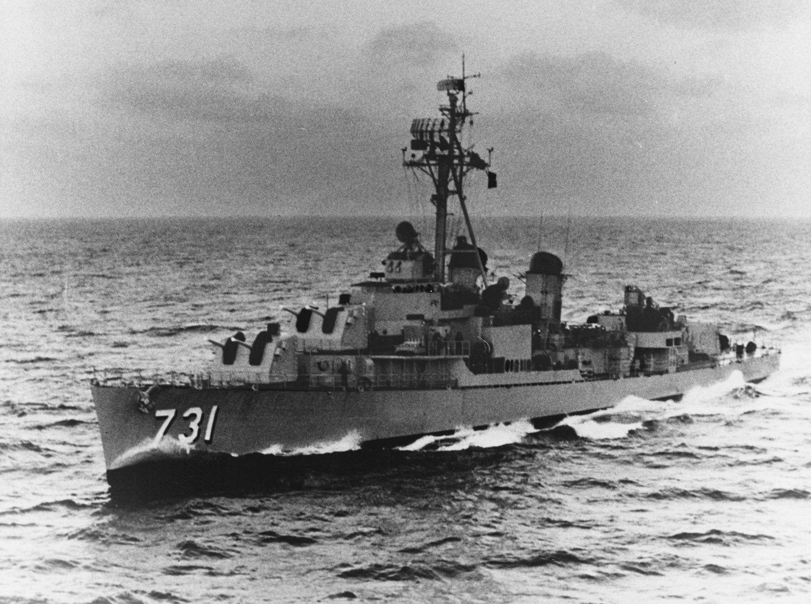 The USS Maddox (DD-731), the destroyer at the center of the August 2 and August 4, 1964 Gulf of Tonkin incidents, underway at sea in the early 1960s