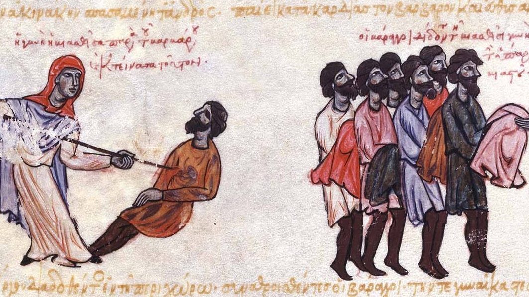 12th-century Madrid Skylitzes manuscript miniature showing a Thracian woman killing a Varangian guardsman with his own sword, and his comrades surrendering his belongings to her