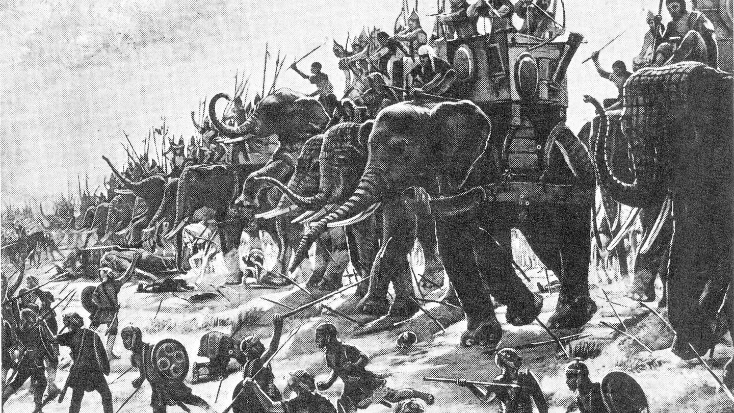 An 1890 oil painting by Henri-Paul Motte showing Carthaginian war elephants advancing against Roman infantry at the Battle of Zama, 202 BCE