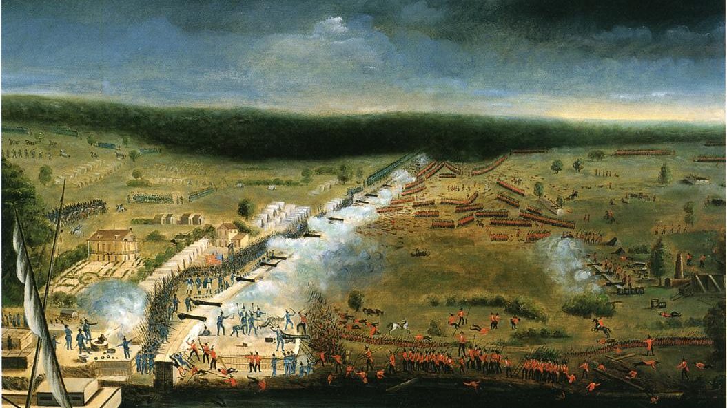 The Battle of New Orleans at Chalmette, 1815, painted by militia participant Jean Hyacinthe de Laclotte based on his sketches made at the scene