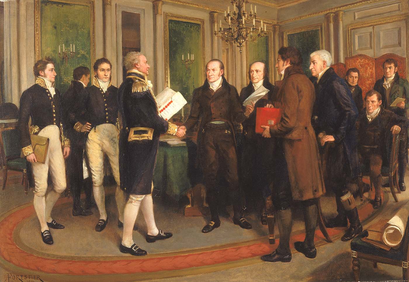 The Signing of the Treaty of Ghent, Christmas Eve, 1814, an oil painting showing British and American negotiators at the signing table