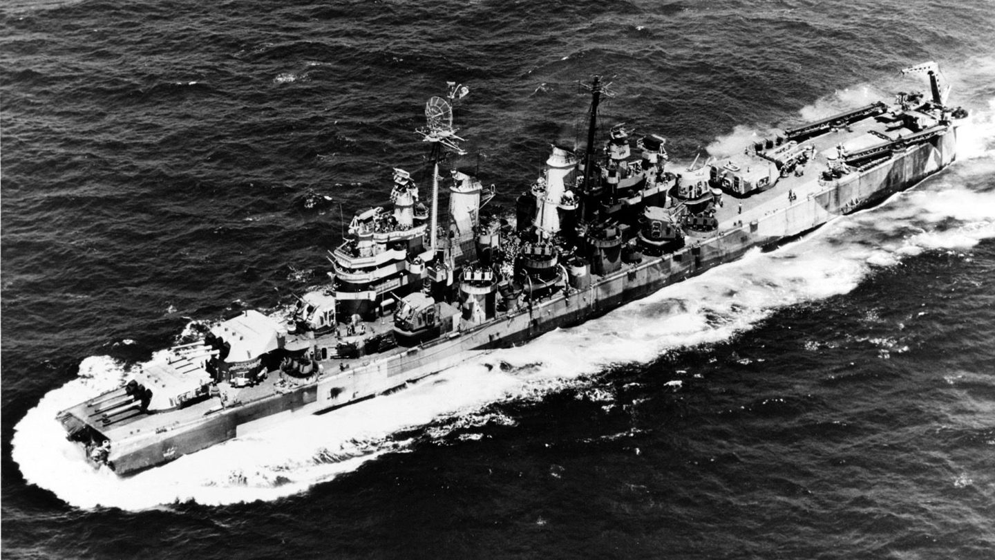 The heavy cruiser USS Pittsburgh underway with her bow missing, photographed in June 1945 shortly after Typhoon Connie sheared it off