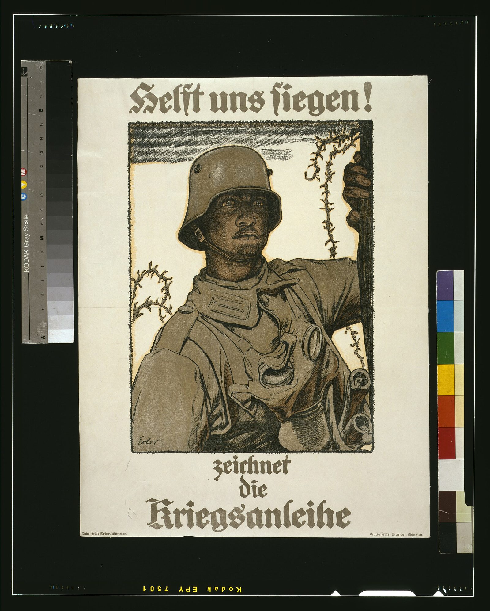 Fritz Erler's 1917 German war-bond lithograph "Helft uns siegen!", showing a steel-helmeted soldier with a gas mask slung at his neck gazing into the distance