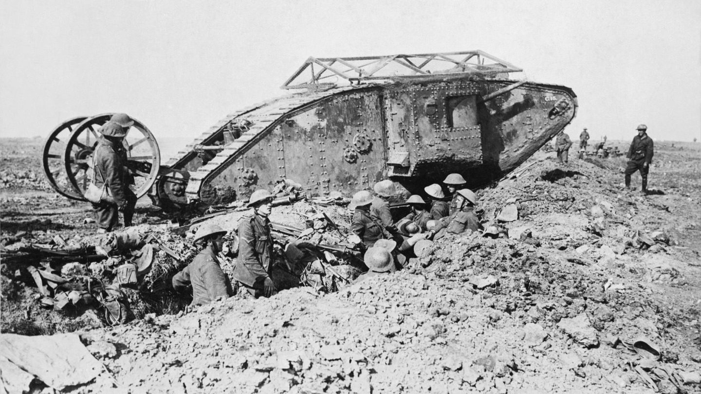 A British Mark I tank near Thiepval on the Somme, photographed by official war photographer Ernest Brooks on 25 September 1916, ten days after tanks first went into combat at Flers-Courcelette